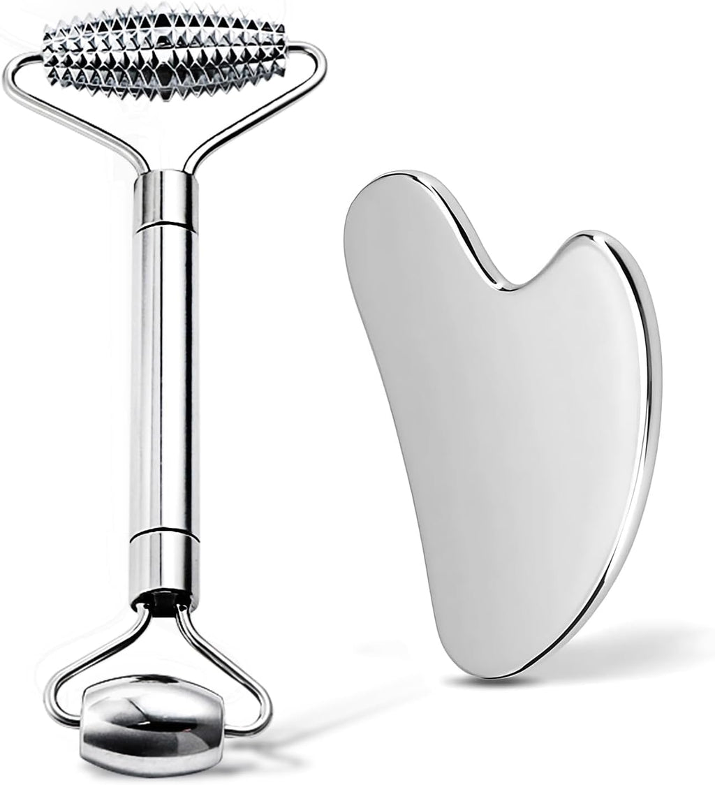 Gua Sha Facial Tools and Face Roller Set, Stainless Steel Facial Sculpting Eyes Roller Guasha for Face, Chin & Jawline Sculpting,Skin Care (Silver)