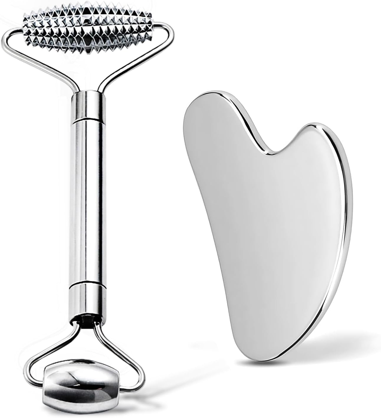 Gua Sha Facial Tools and Face Roller Set, Stainless Steel Facial Sculpting Eyes Roller Guasha for Face, Chin & Jawline Sculpting,Skin Care (Silver)