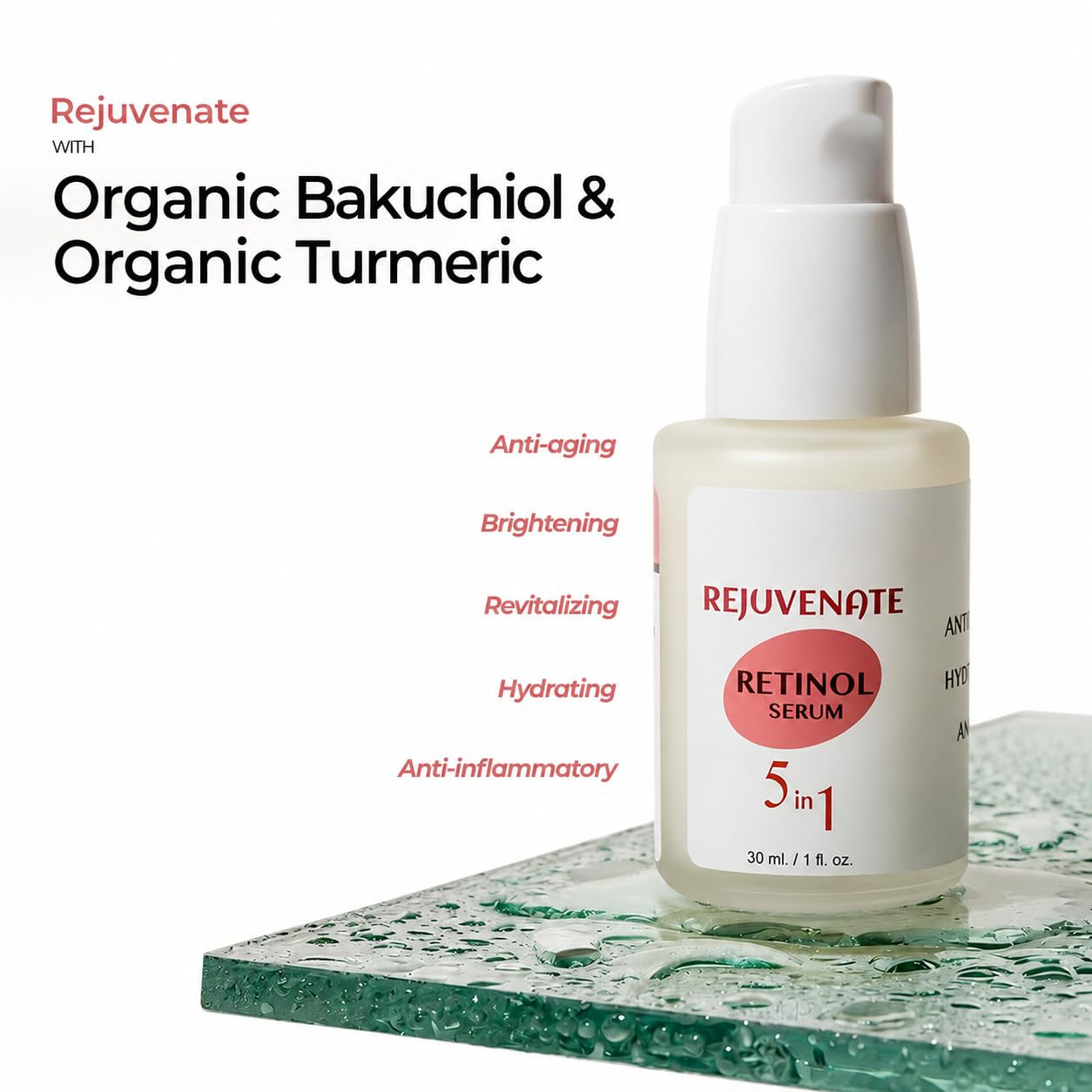 Retinol Anti-Aging Face Serum with Organic Bakuchiol, Organic Turmeric | Niacinamide & Hyaluronic Acid for Fine Lines, Texture & Radiance | 1 Fl Oz