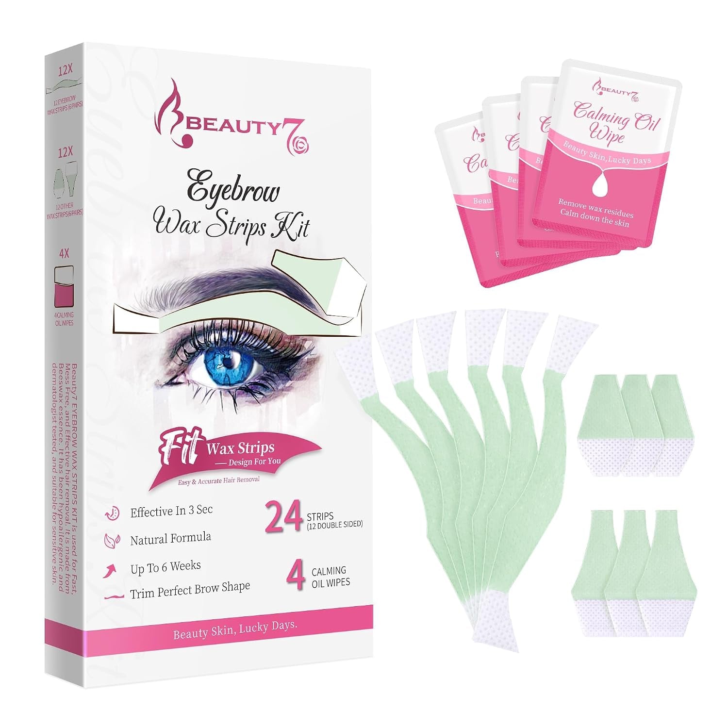 Facial Wax Strips for Hair Removal - Eyebrow Wax Strips at Home - 24 Strip, 4 Calming Oil Wipes for All Skin Types for Women