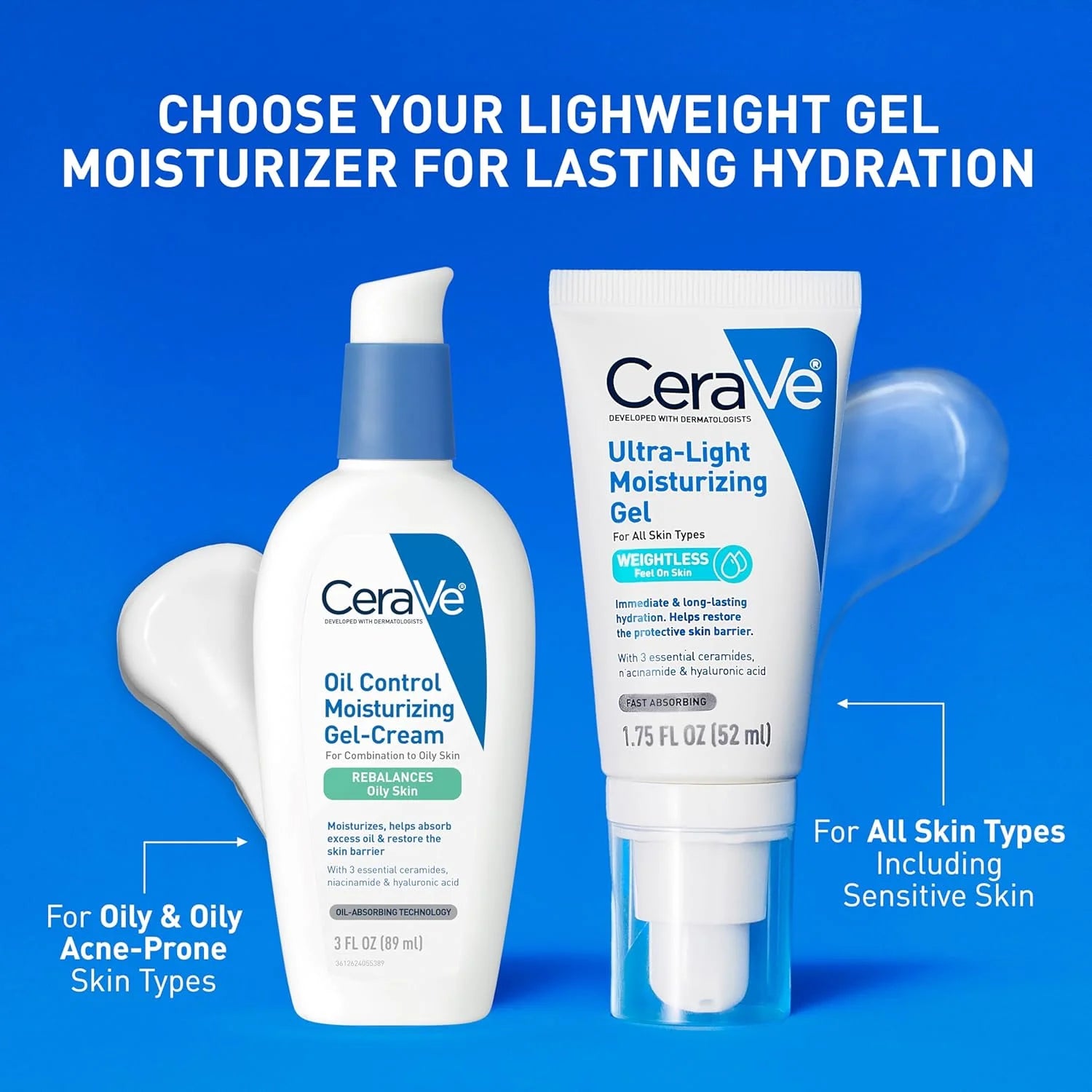 Ultra-Light Hydrating Face Moisturizer Gel – Ceramides, Niacinamide & Hyaluronic Acid | Oil-Free & Fragrance-Free | 1.75 Fl Oz