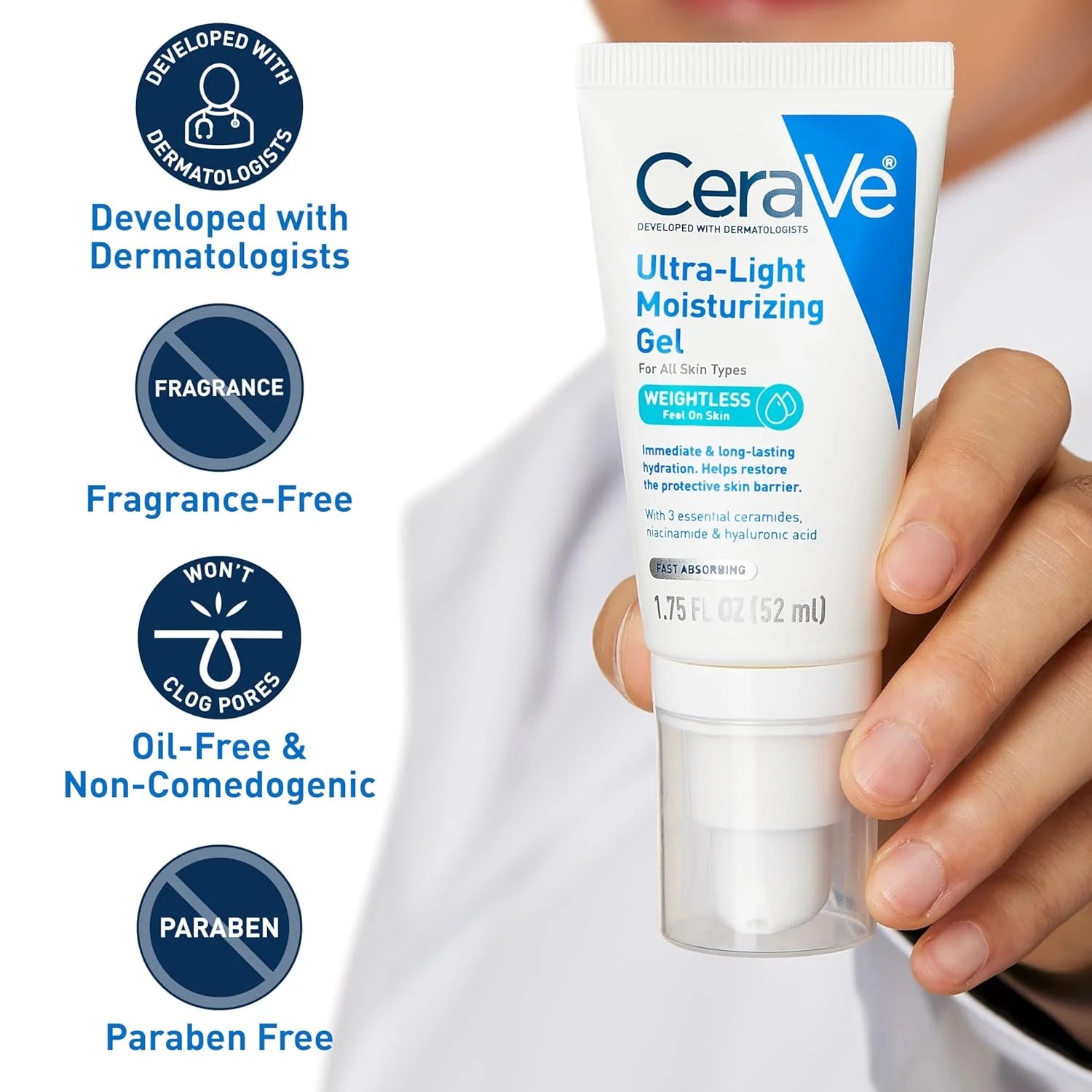 Ultra-Light Hydrating Face Moisturizer Gel – Ceramides, Niacinamide & Hyaluronic Acid | Oil-Free & Fragrance-Free | 1.75 Fl Oz