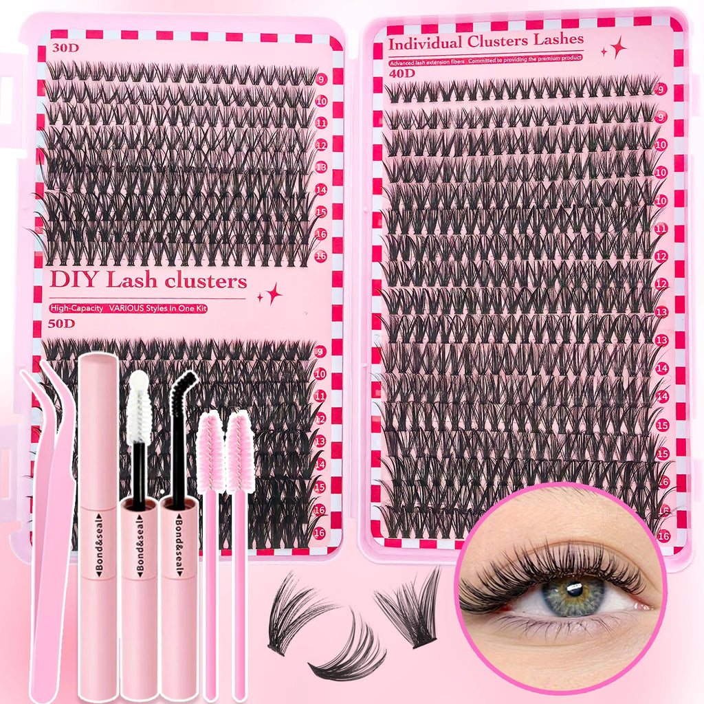 DIY Individual Cluster Lashes Kit – 30D/40D/50D Wispy Eyelash Extension Set with Bond & Seal