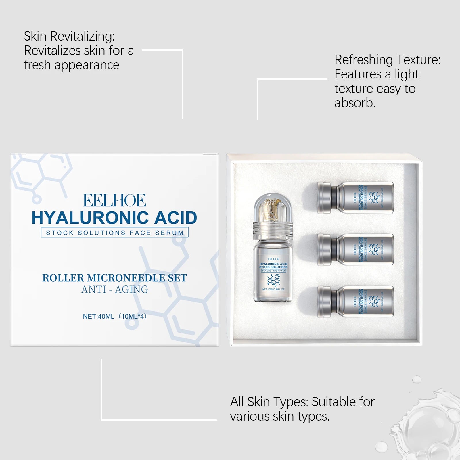 EELHOE Hyaluronic Acid Face Serum – Deep Hydration & Skin Repair Roller Essence Set