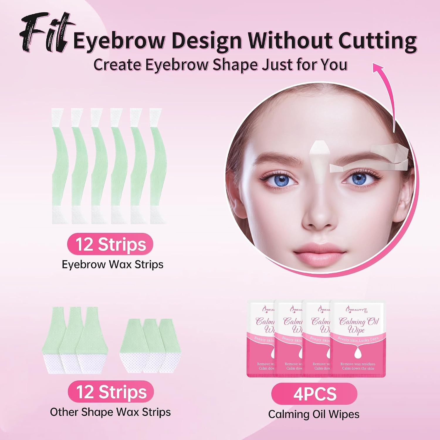 Facial Wax Strips for Hair Removal - Eyebrow Wax Strips at Home - 24 Strip, 4 Calming Oil Wipes for All Skin Types for Women