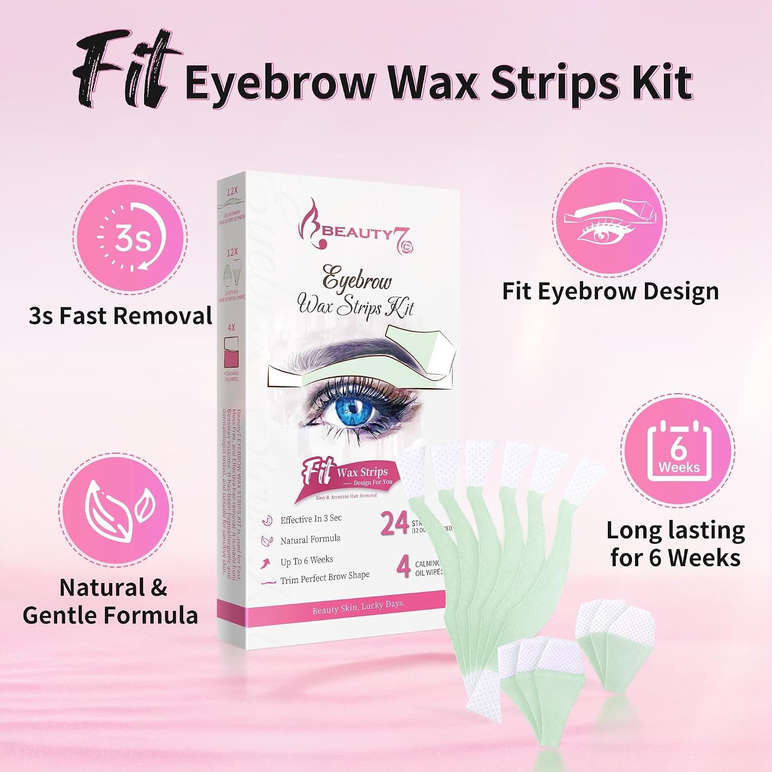 Facial Wax Strips for Hair Removal - Eyebrow Wax Strips at Home - 24 Strip, 4 Calming Oil Wipes for All Skin Types for Women