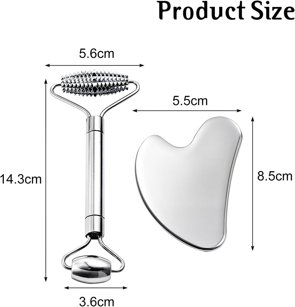 Gua Sha Facial Tools and Face Roller Set, Stainless Steel Facial Sculpting Eyes Roller Guasha for Face, Chin & Jawline Sculpting,Skin Care (Silver)